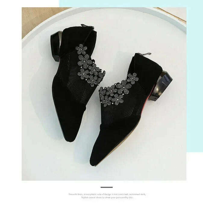 2024 Summer Black Lace Rhinestone Sandals - Low Heel & Floral