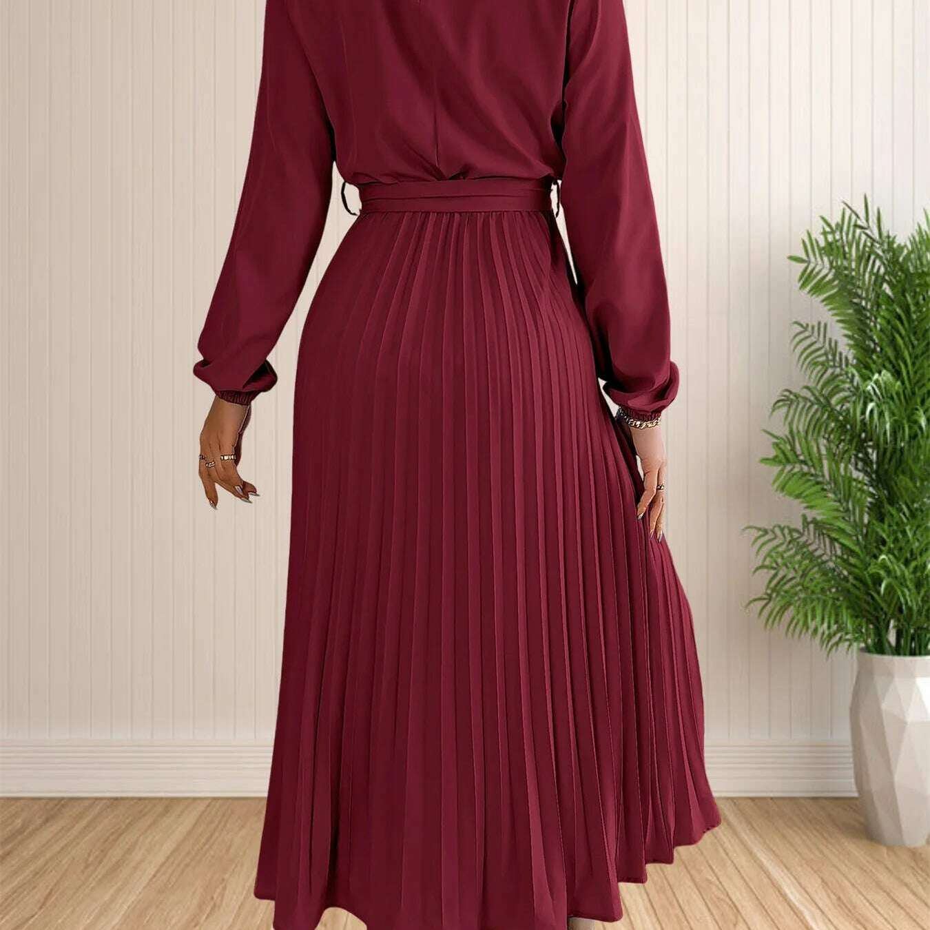 Elegant Pleated Lace-Up Long Sleeve A-Line Sundress