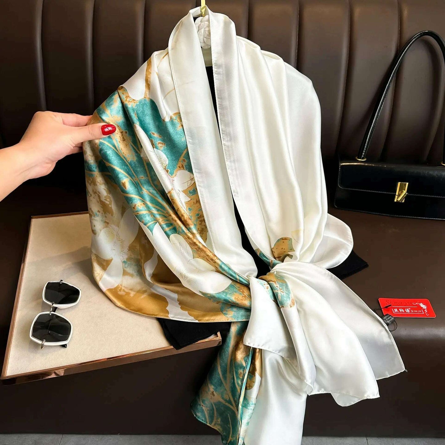 Coffee Color Large Silk Soft Scarf Women Stylish Print Long Shawl Handkerchief Summer Elegant Travel Wrap Hot 180x90cm