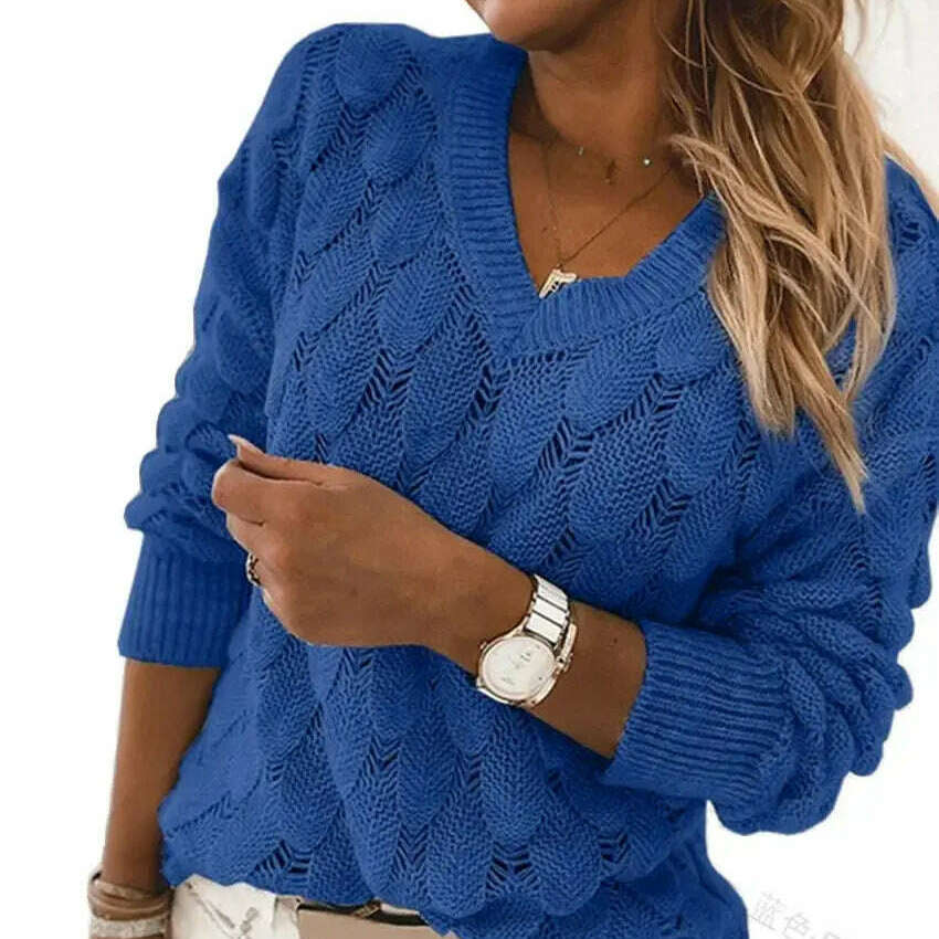 Fashion Women's V-Neck Pullover: Hollow Out, Casual Sweater Top - D&M Boutique