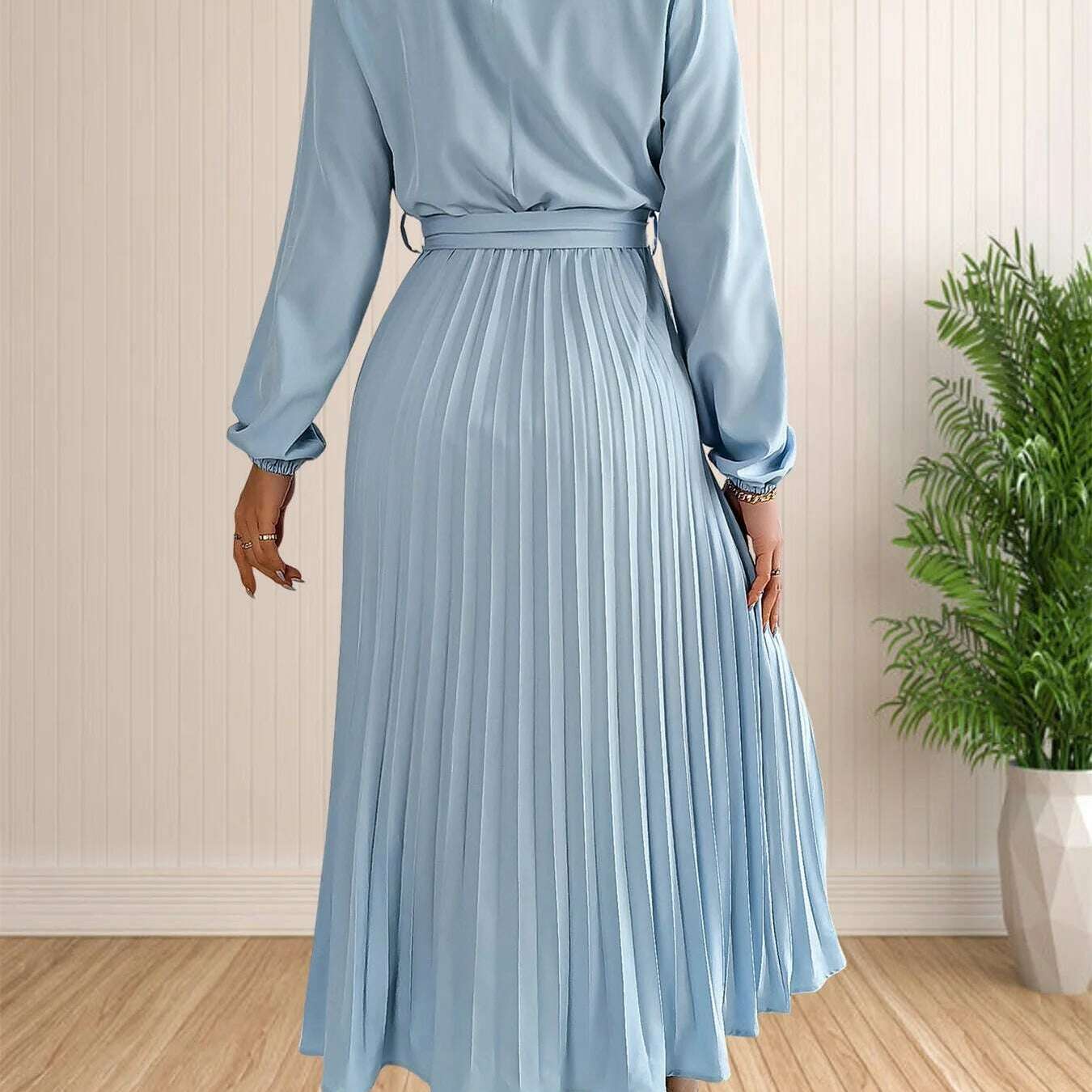 Elegant Pleated Lace-Up Long Sleeve A-Line Sundress