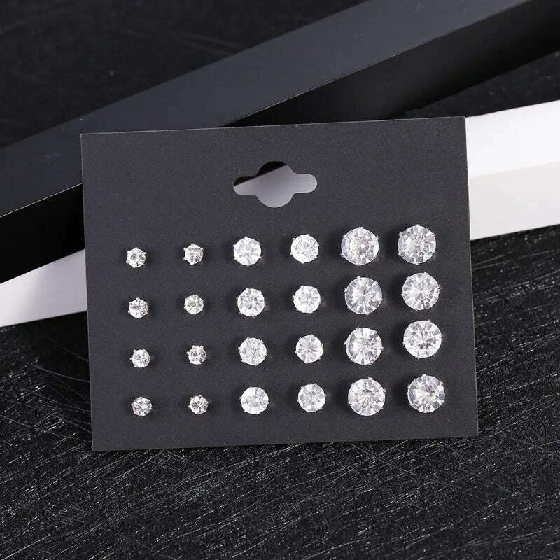 12-Pair White Crystal Wedding Stud Earrings Set