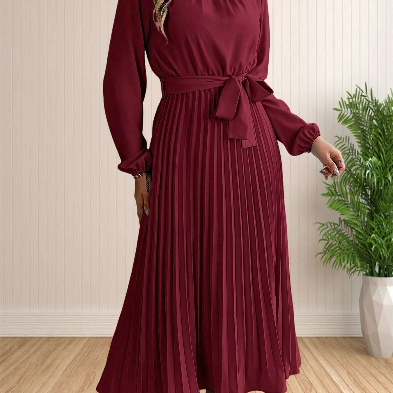 Elegant Pleated Lace-Up Long Sleeve A-Line Sundress