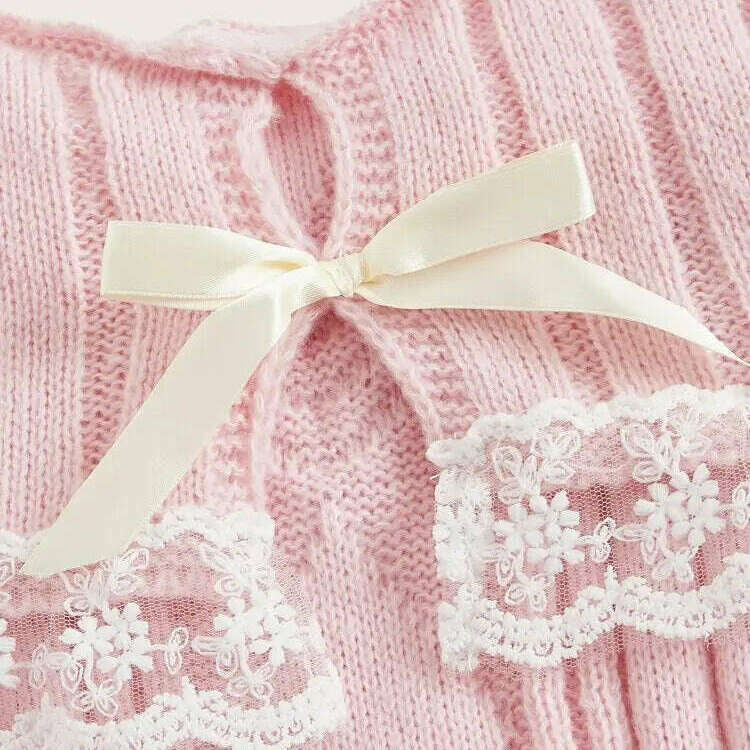 Grunge Off-Shoulder Knit Sweater: Pink, Bow Lace Y2K Jumper - D&M Boutique