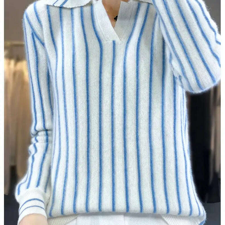 Merino Wool Sweater: Striped, Polo Neck, Autumn/Winter - D&M Boutique