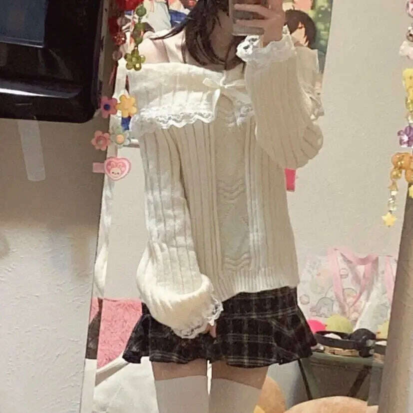 Grunge Off-Shoulder Knit Sweater: Pink, Bow Lace Y2K Jumper - D&M Boutique