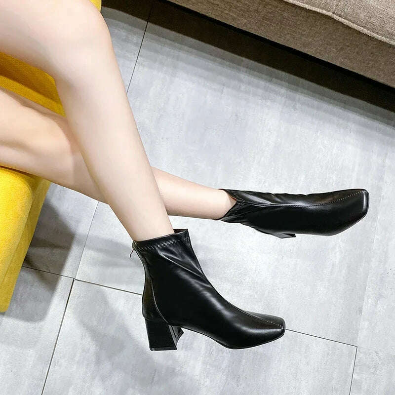 Casual Women's Thick Heel Medium Heel Boots Women's 2024 New Winter Square Toe Back Zipper Heightening Short Boots