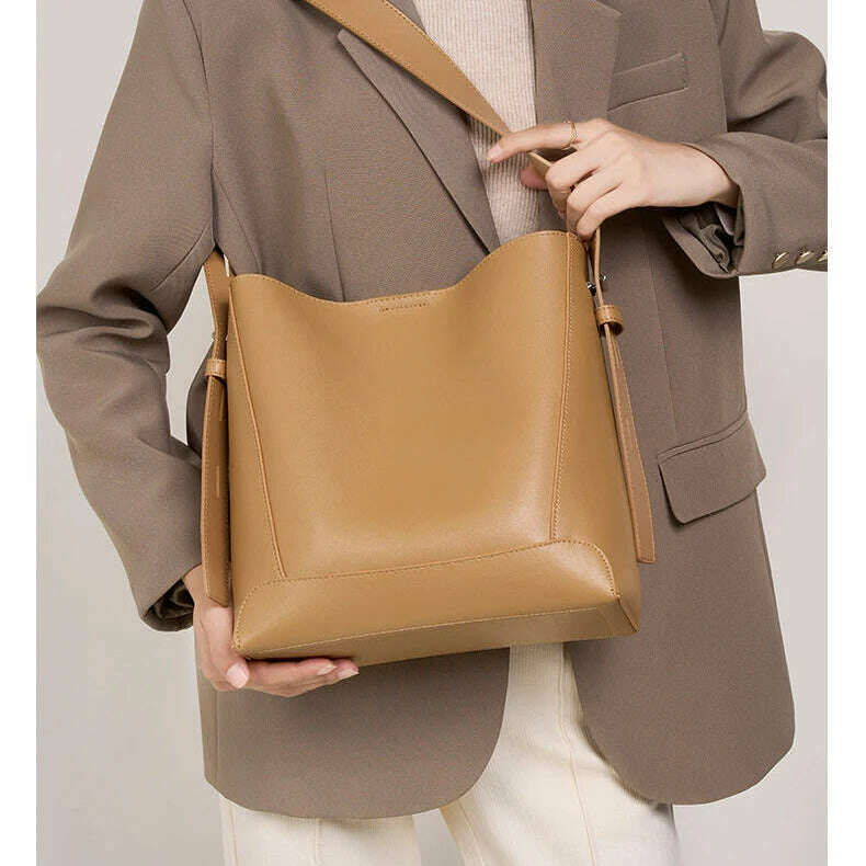 Minimalist Brown Leather Bucket Bag - Sleek and Structured