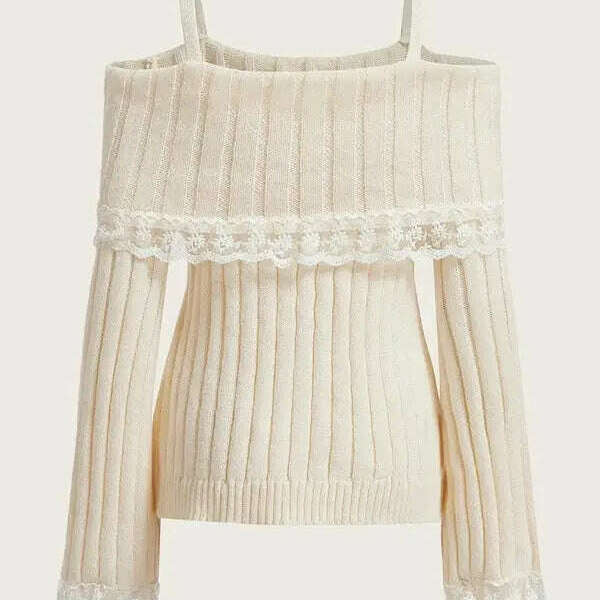 Grunge Off-Shoulder Knit Sweater: Pink, Bow Lace Y2K Jumper - D&M Boutique