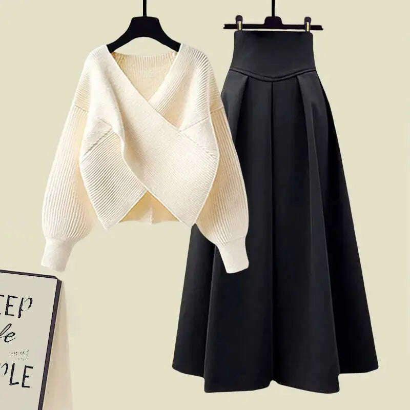 Fall Winter Women’s Knitted Sweater & Pleated Skirt Set - D&M Boutique