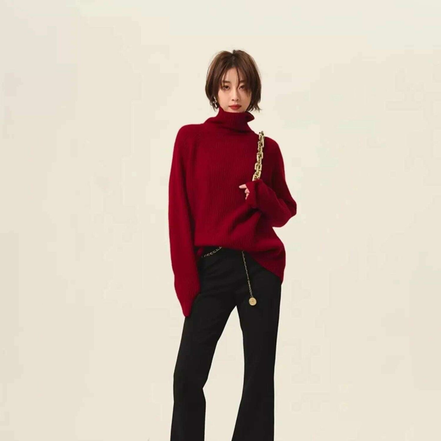 100% Cashmere Turtleneck Sweater – Loose Long Sleeve - D&M Boutique
