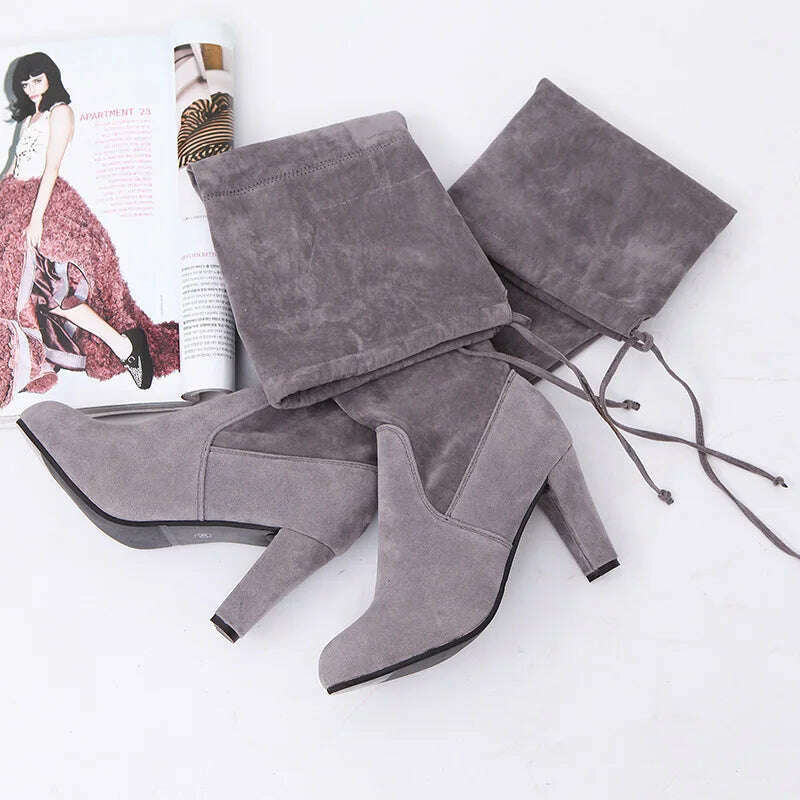 LINLING Faux Suede Over-the-Knee Lace-Up Boots
