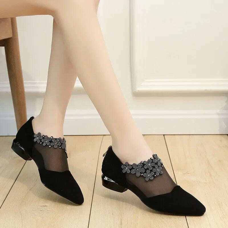 2024 Summer Black Lace Rhinestone Sandals - Low Heel & Floral