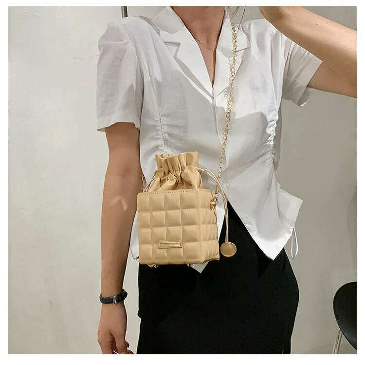 Trendy Checker Drawstring Crossbody Bag with Chain Strap