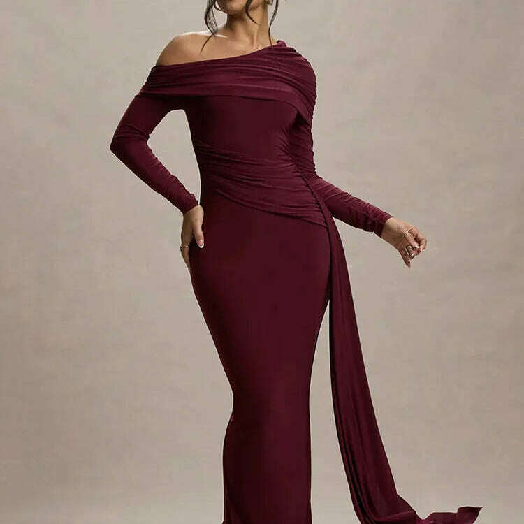 Mozision Skew Collar Long Sleeve Maxi Dress