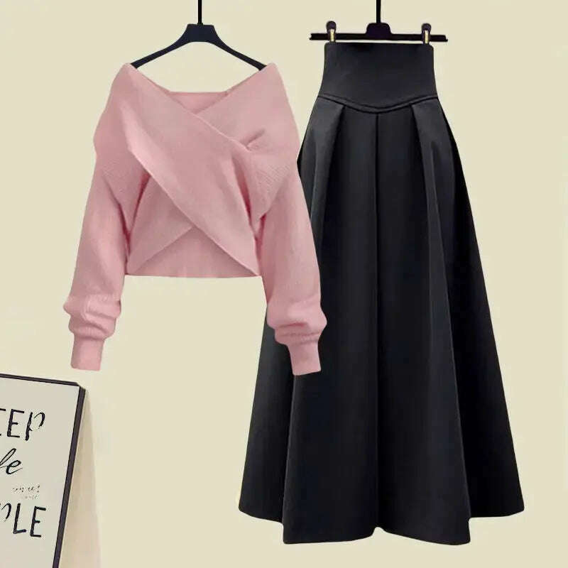 Fall Winter Women’s Knitted Sweater & Pleated Skirt Set - D&M Boutique