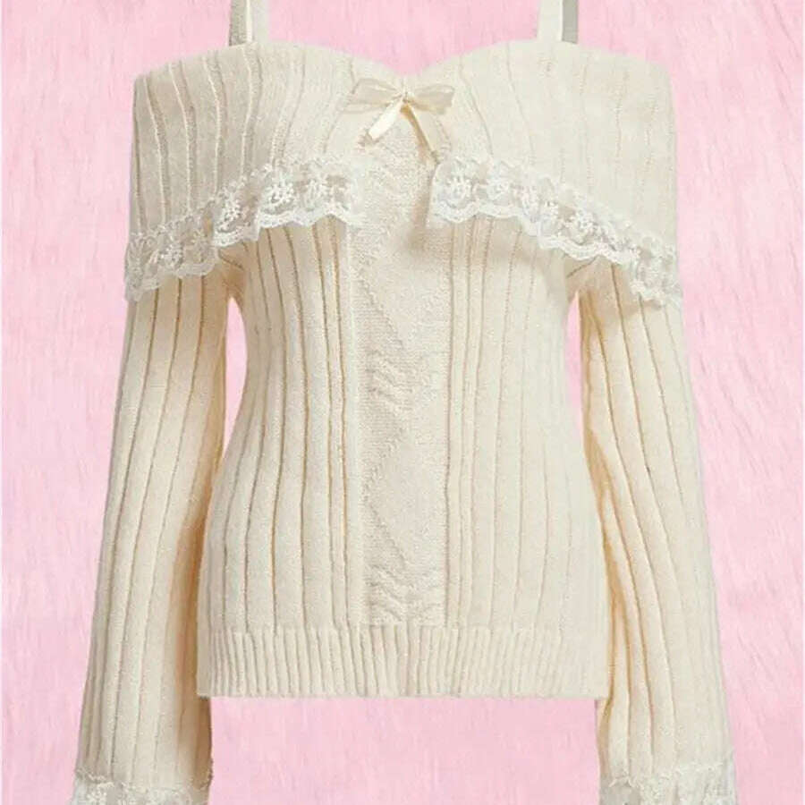 Grunge Off-Shoulder Knit Sweater: Pink, Bow Lace Y2K Jumper - D&M Boutique