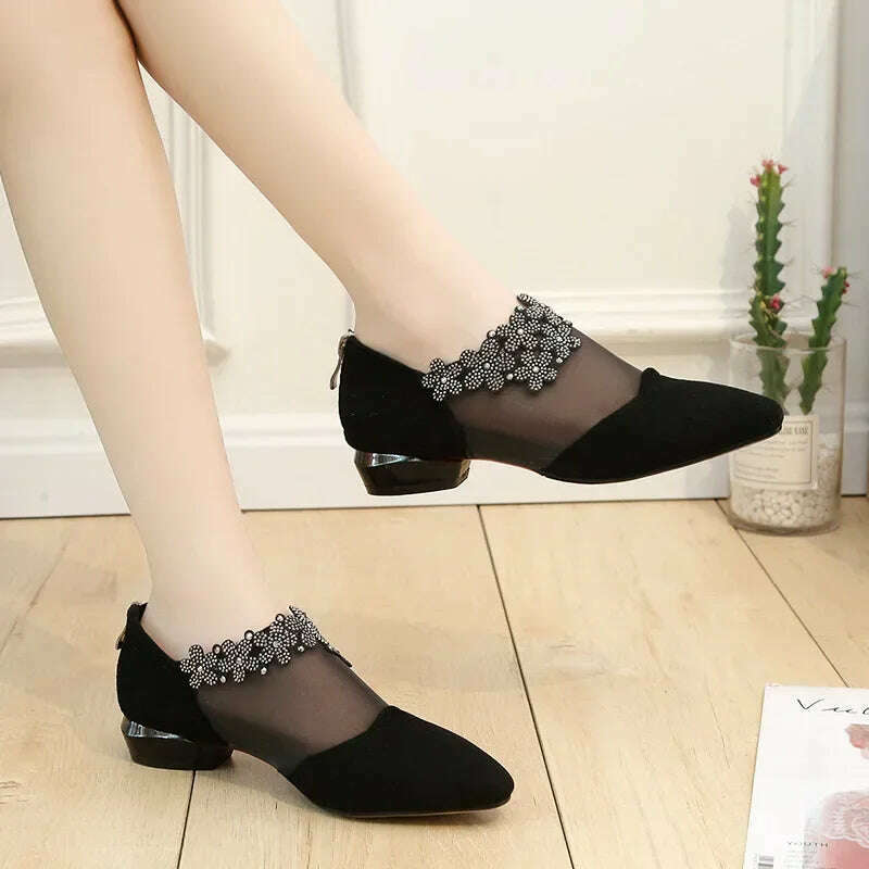 2024 Summer Black Lace Rhinestone Sandals - Low Heel & Floral
