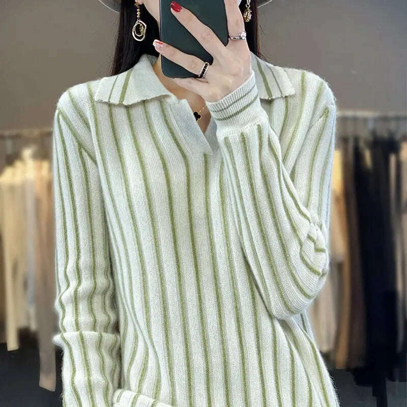 Merino Wool Sweater: Striped, Polo Neck, Autumn/Winter - D&M Boutique