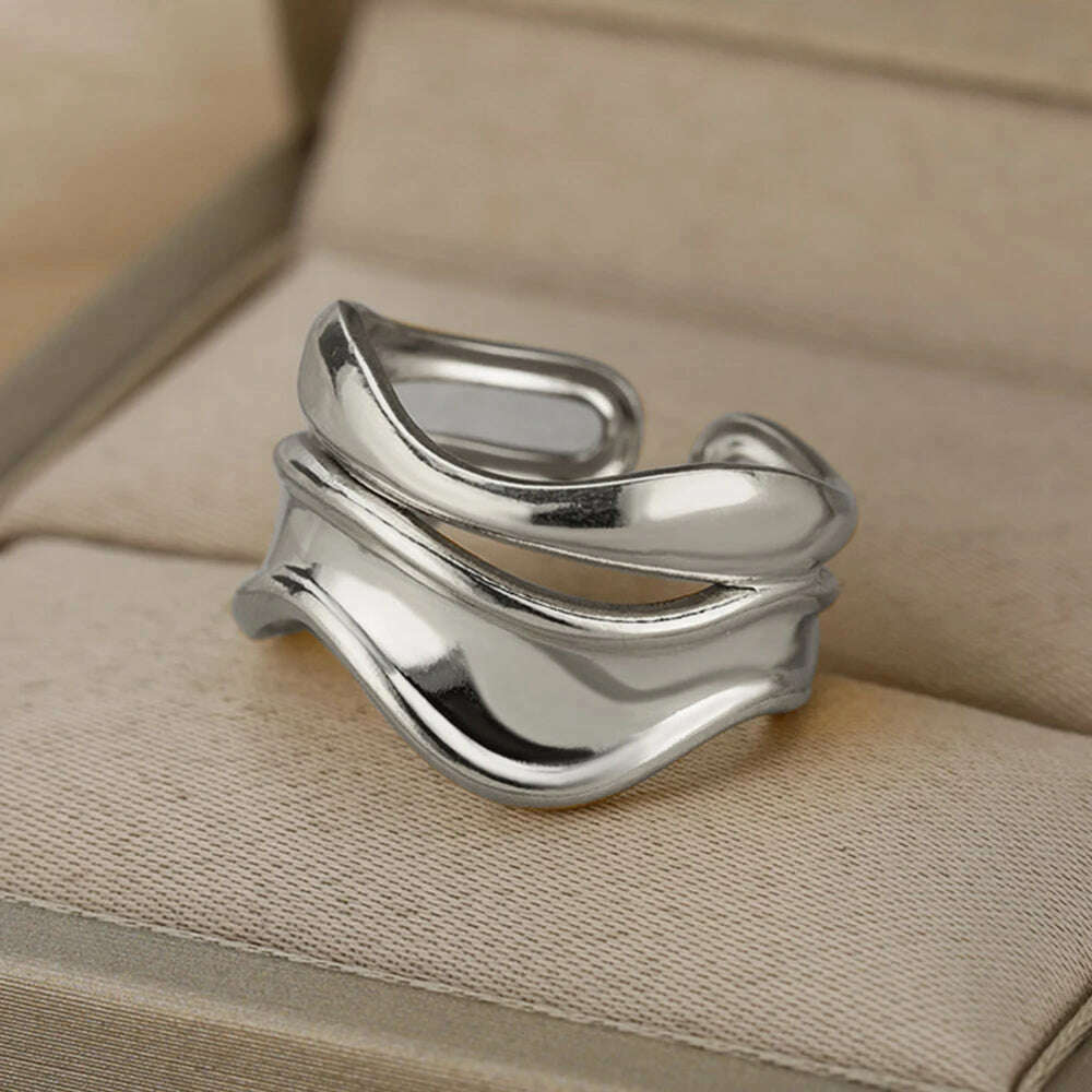 Stainless Steel Rings For Women Men Gold Color Hollow Wide Open Ring Female Male Fashion Wedding Party Finger Jewelry Gift 2024