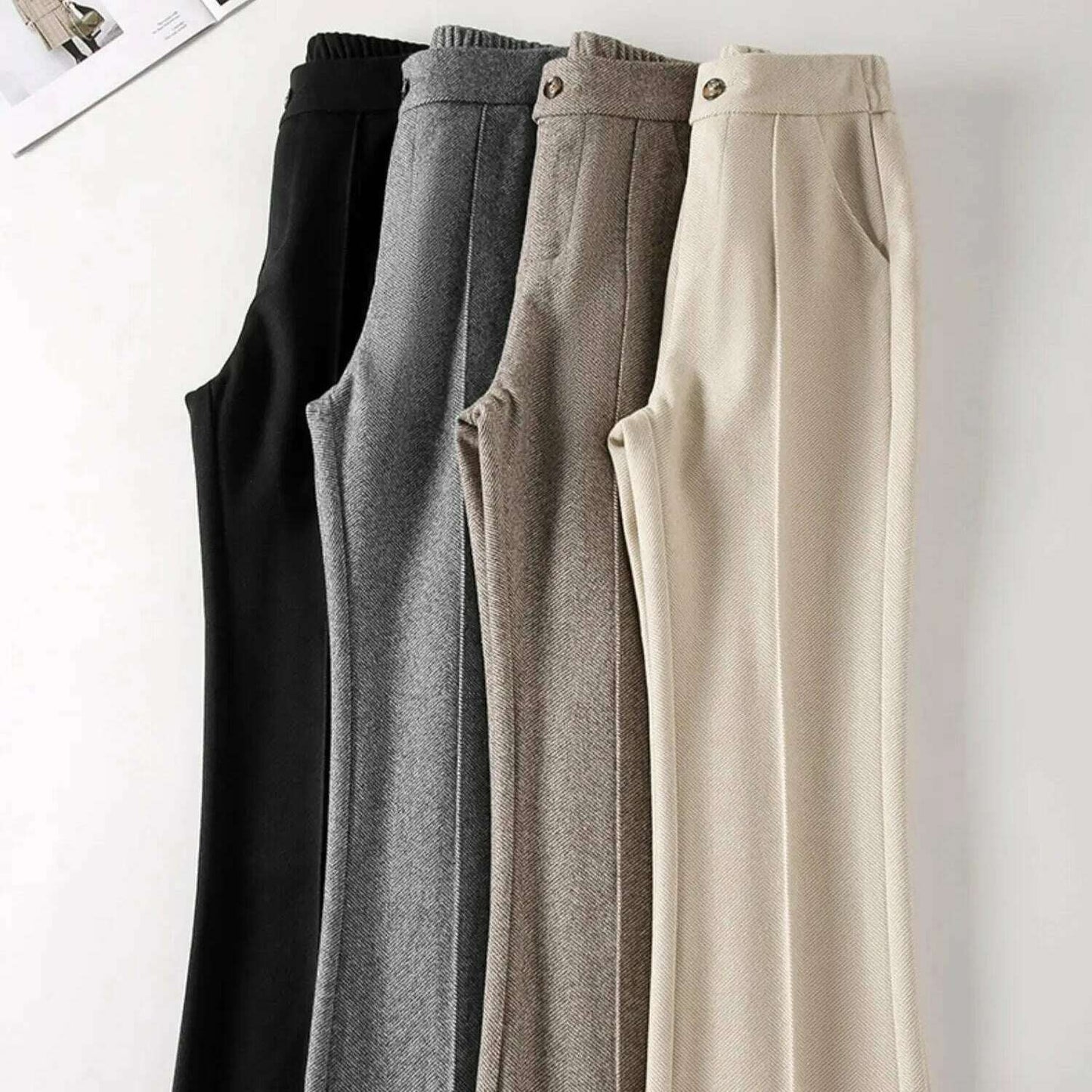 Herringbone Wool Flare Pants – Warm, Elastic Waist, Black - D&M Boutique