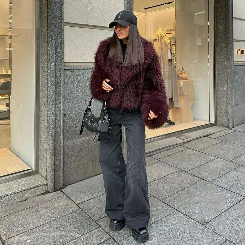 Neo Mint Burgundy Faux Fur Coat – Trendy Winter Style for Women