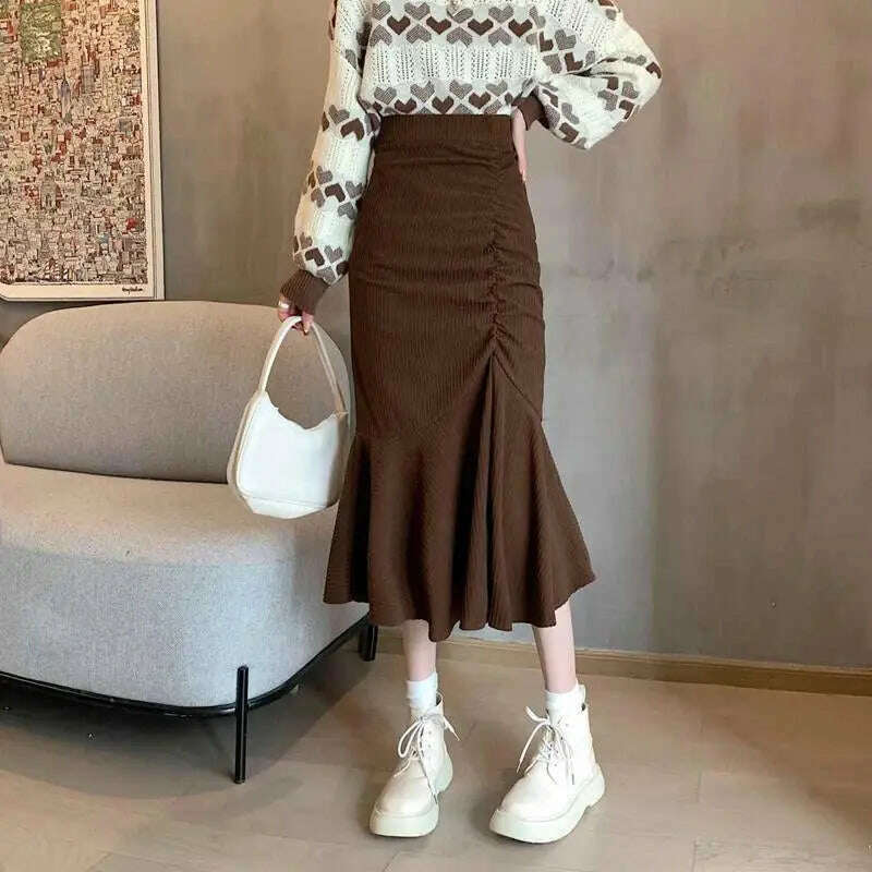 Lucyever High Waist Midi Skirt – Slim Fit, Ruffles, Brown - D&M Boutique