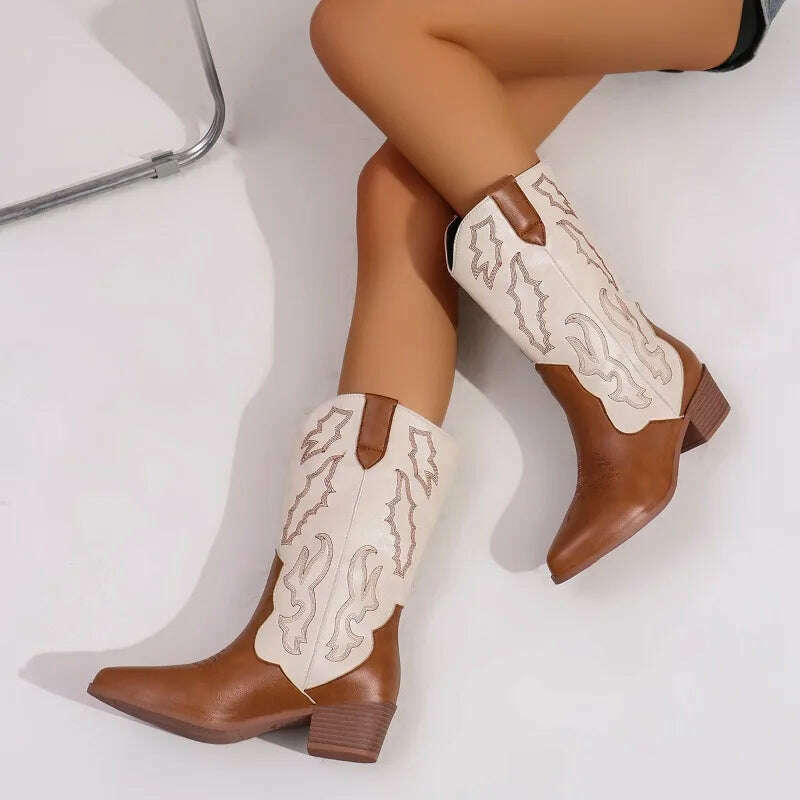 Women's Embroidered Slip-On Mid-Calf Boots