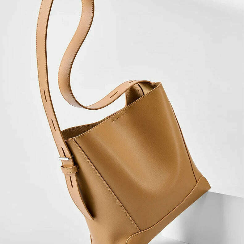 Minimalist Brown Leather Bucket Bag - Sleek and Structured