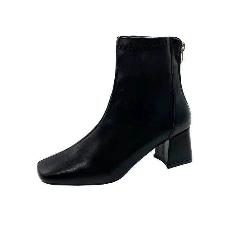 Casual Women's Thick Heel Medium Heel Boots Women's 2024 New Winter Square Toe Back Zipper Heightening Short Boots