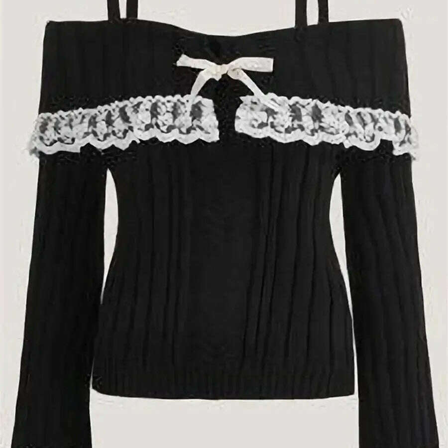 Grunge Off-Shoulder Knit Sweater: Pink, Bow Lace Y2K Jumper - D&M Boutique