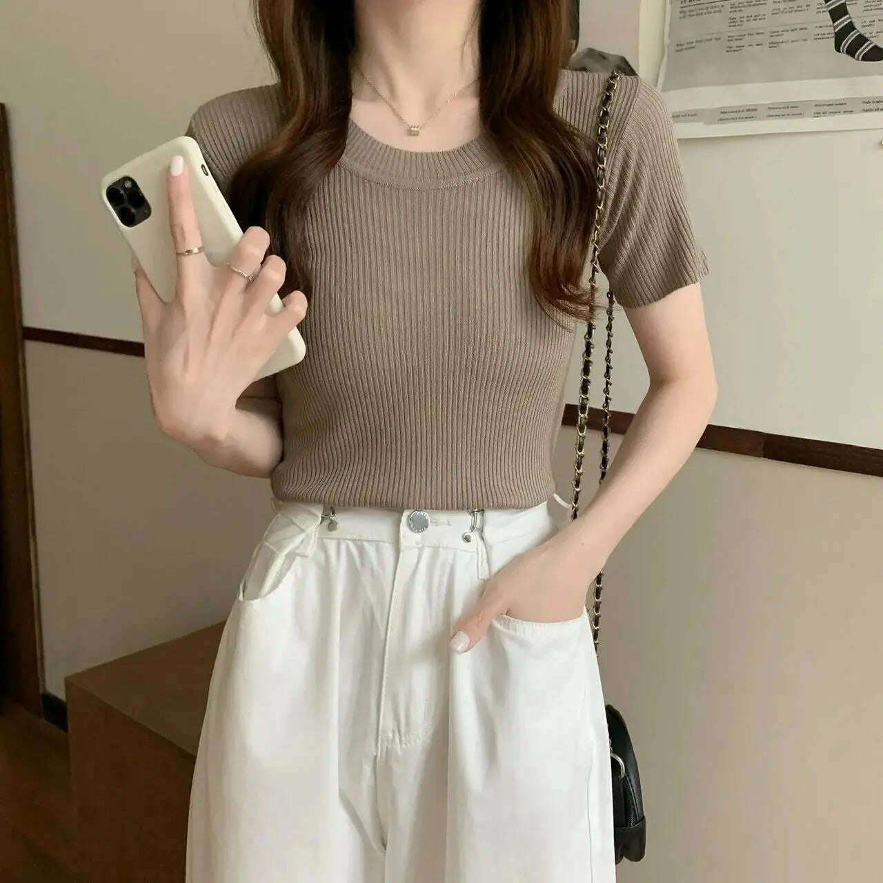 Knit Slim Short Sleeve T-Shirt: White/Green Crop Top - D&M Boutique