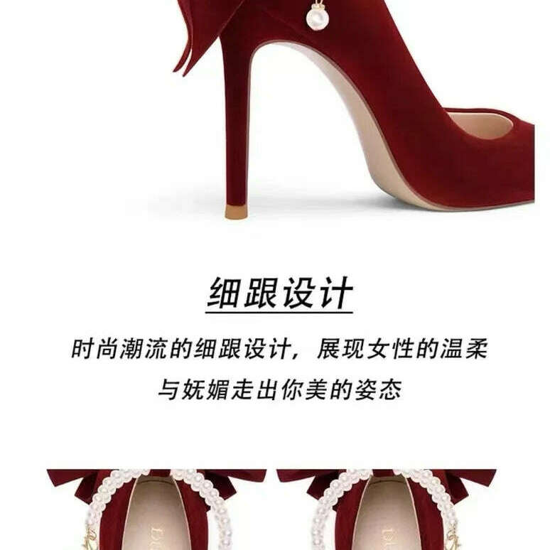 Red Xiuhe wedding shoes new pointy stiletto high heels female shallow mouth bow pearl one word buckle strap two wear bride shoes