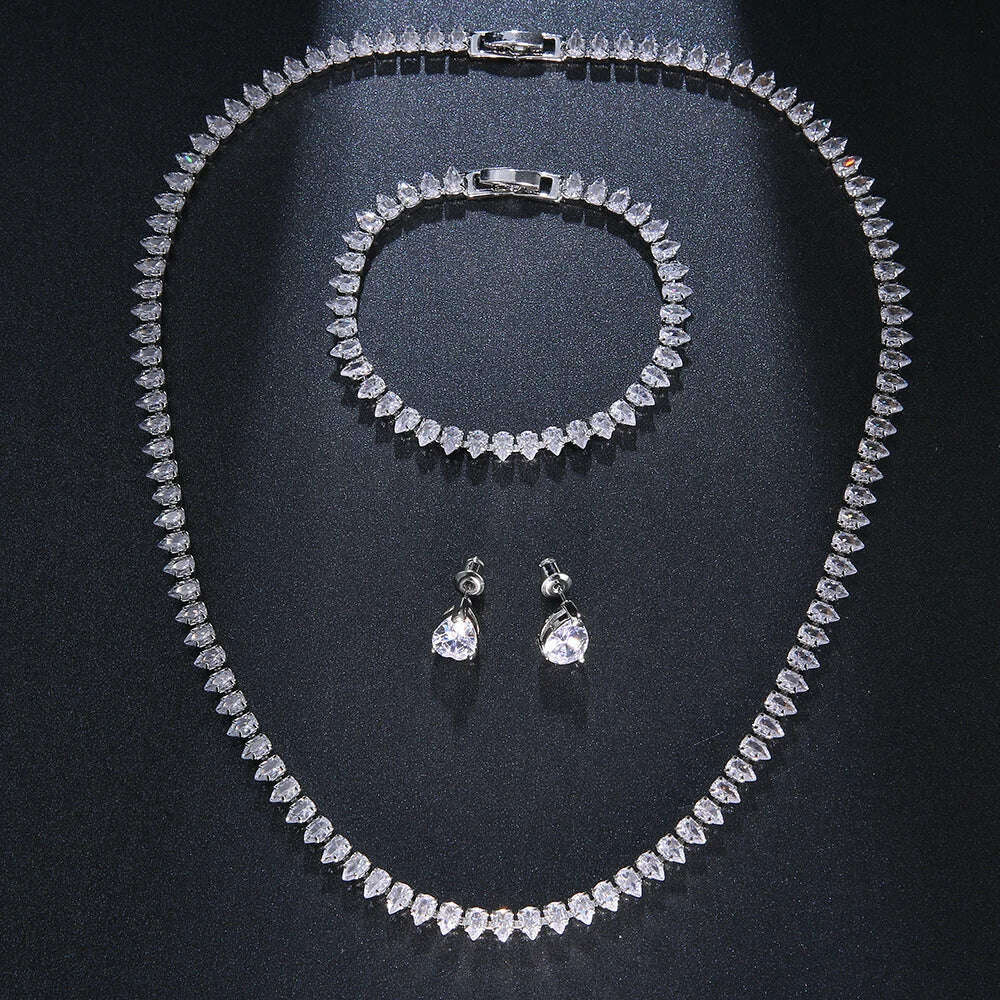 Emmaya Zircons Gorgeous Cubic Zirconia White Gold Color Round Wedding Bridal Necklace Earrings Party Jewelry Set for Brides