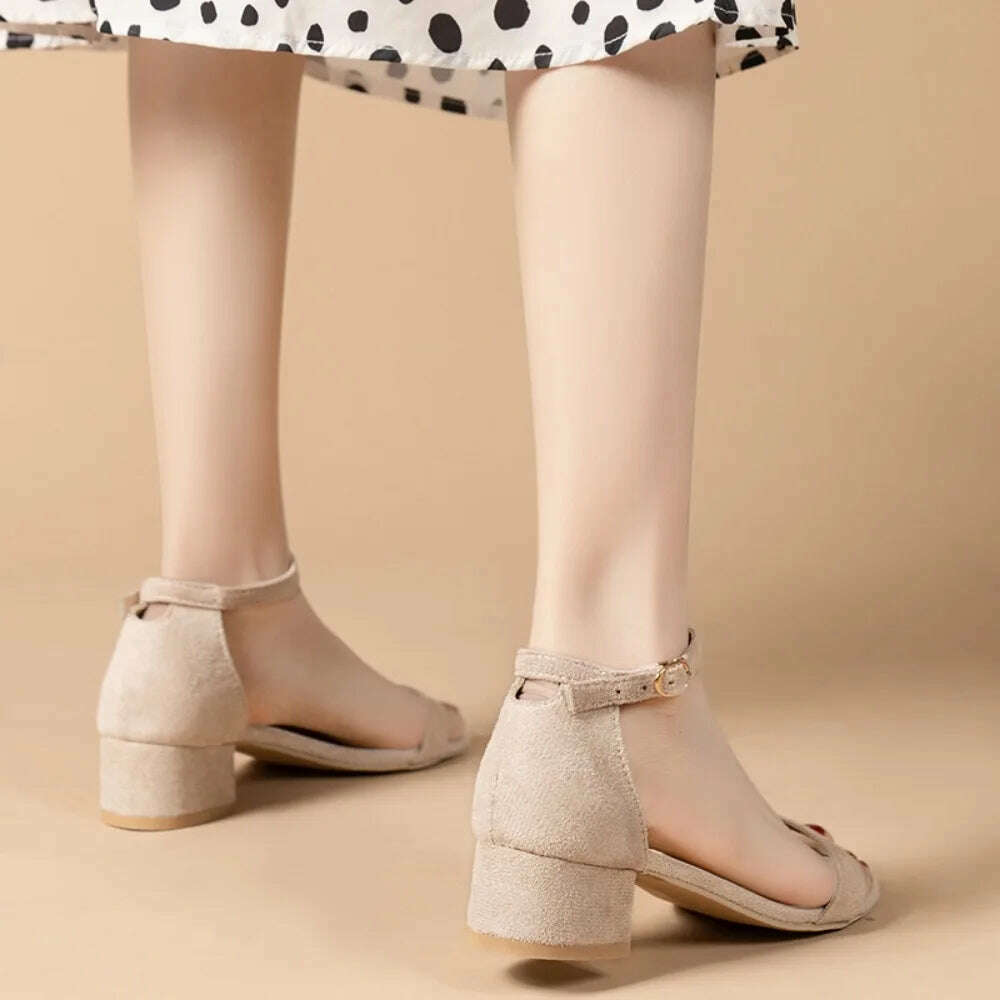 Beige High Heel Sandals - Open Toe Buckle & Square Heel