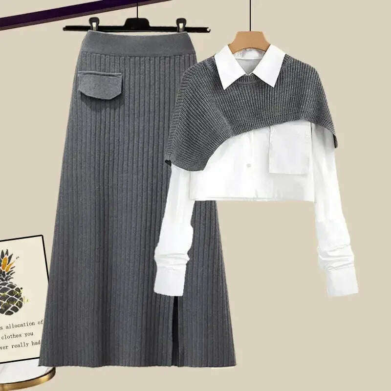 Plus Size Autumn Knit Skirt Set – Loose-Fit Shirt, High-Waist Style - D&M Boutique