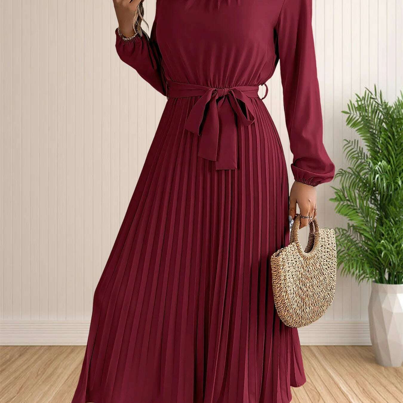 Elegant Pleated Lace-Up Long Sleeve A-Line Sundress