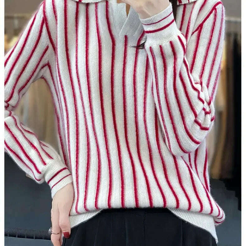 Merino Wool Sweater: Striped, Polo Neck, Autumn/Winter - D&M Boutique