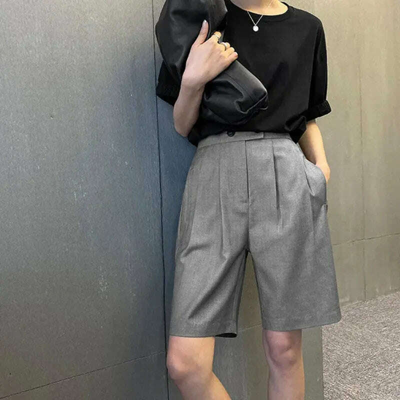 Korean Office Suits Shorts – High Waist, Double-Button, Knee-Length