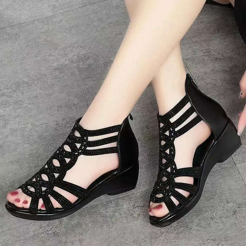 Soft Leather Roman Sandals - Chunky Heel Wedge Shoes