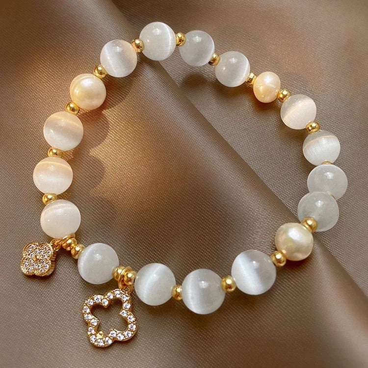 Kirykle Natural Crystal Bracelet for Women White Opal Stone Pearl Fashion Lucky Four-leaf Clover Women's Jewelry Bangles Gift