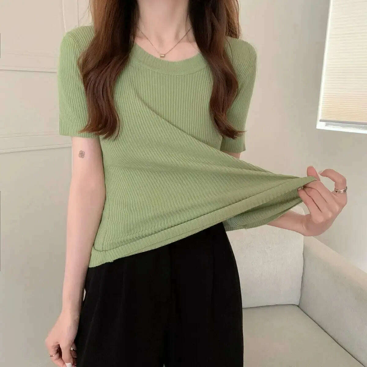 Knit Slim Short Sleeve T-Shirt: White/Green Crop Top - D&M Boutique