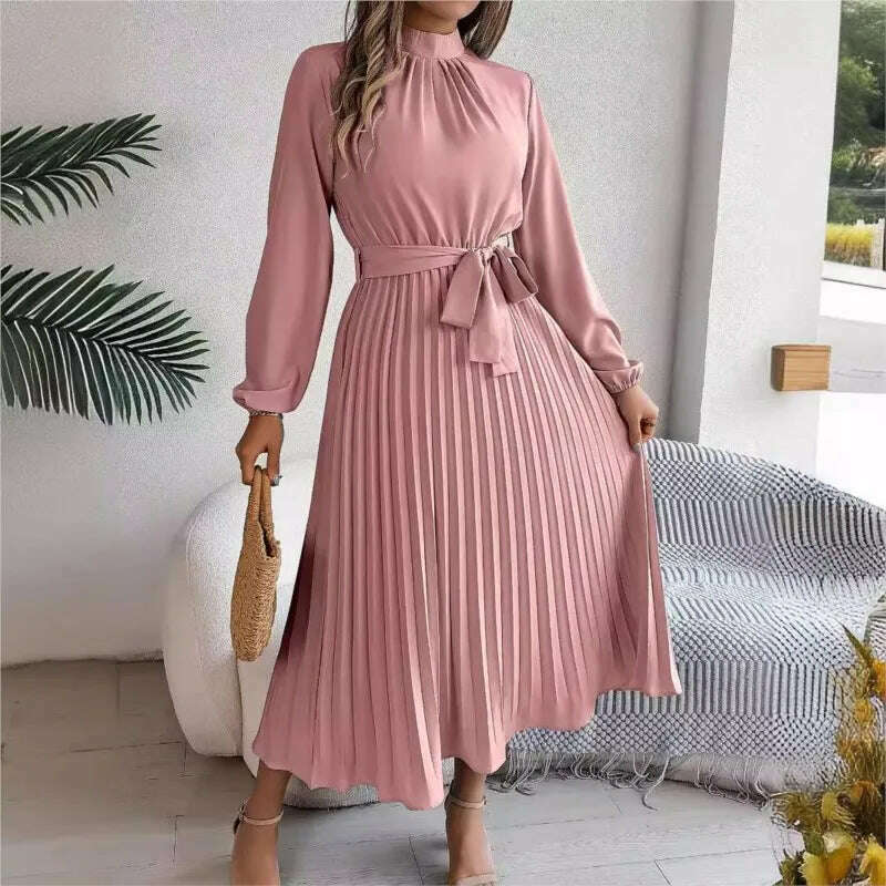 Autumn & Winter Pleated Stand-Up Collar Midi Dress
