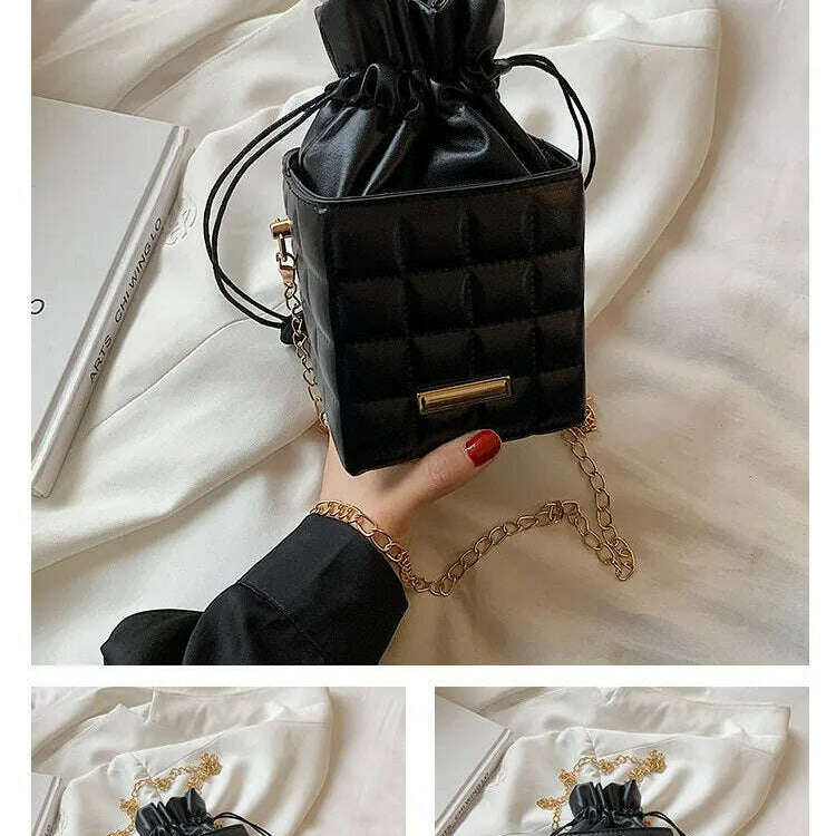 Trendy Checker Drawstring Crossbody Bag with Chain Strap