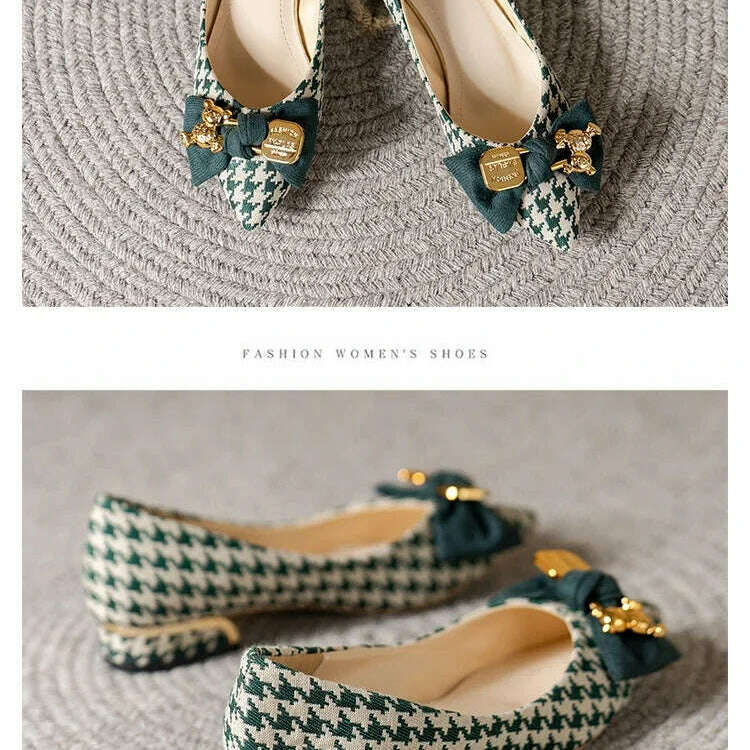 2024 Slip-On Flats - Pointed Toe, Houndstooth & Butterfly Knot