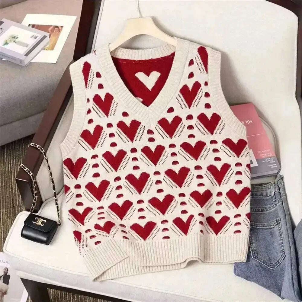 Fashion Love Heart Knitted Vest: V-Neck, Sleeveless, Casual Sweater - D&M Boutique
