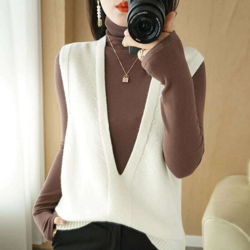 Autumn Knit V-Neck Vest – Loose, Solid, Stylish Layering - D&M Boutique