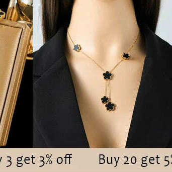EILIECK 316L Stainless Steel Black Five Leaf Clover Pendant Necklace For Women Fashion New Party Gift Neck Chain Jewelry Collar