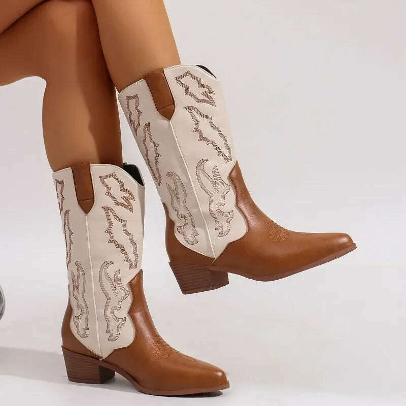Women's Embroidered Slip-On Mid-Calf Boots