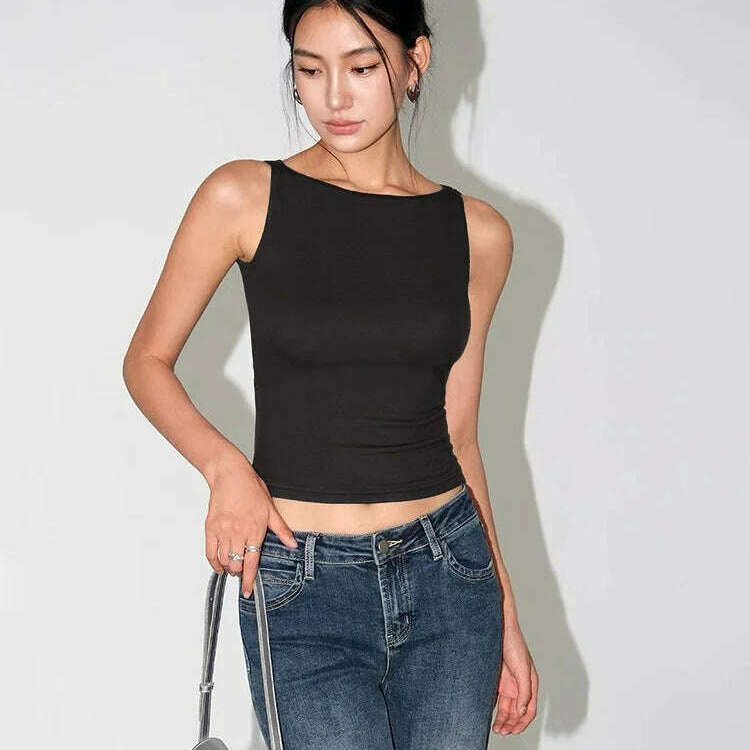 Women Double Layer Boat Neck Soft Slinky Tank Top - D&M Boutique